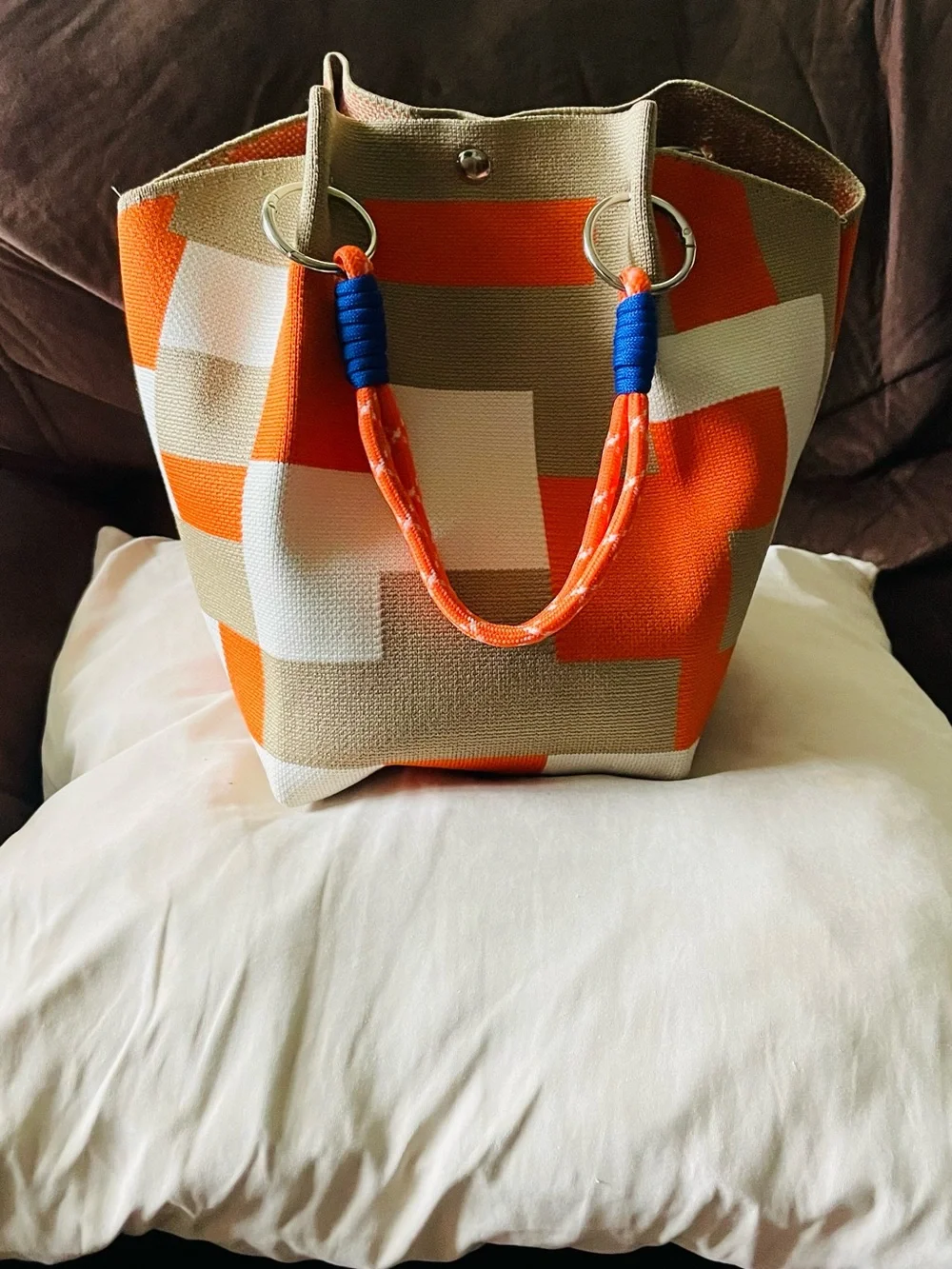 Canvas Tote Bag in Orange, White & Tan